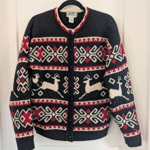 Lands End Vintage Women's Wool Black and Red Patterned Cardigan